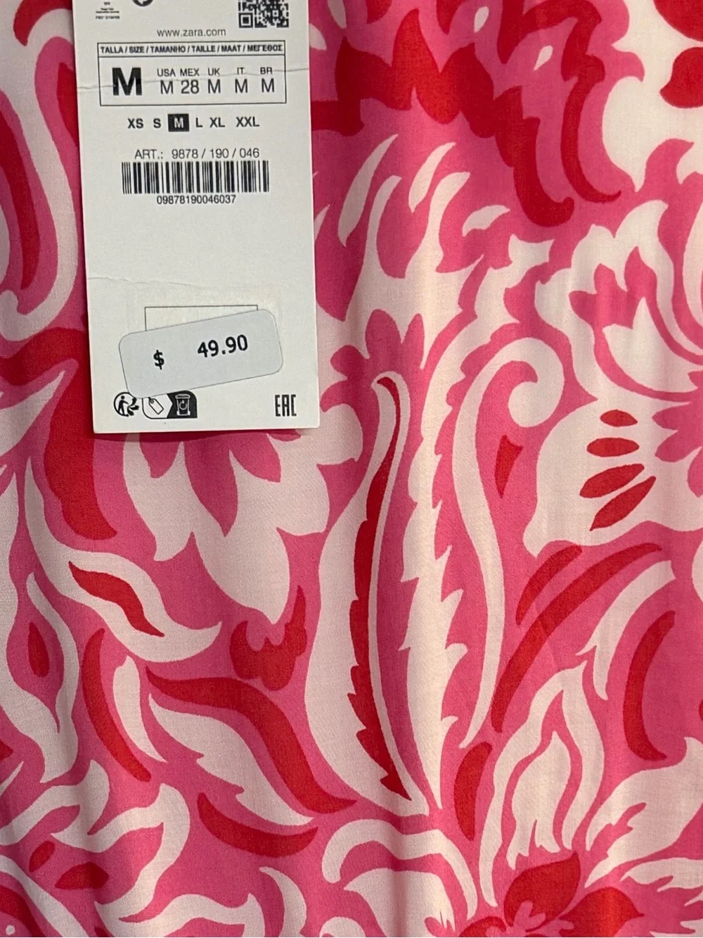 Zara Pink & White Printed Long-Sleeve Mini Dress Sz M NWT - Picture 3 of 5